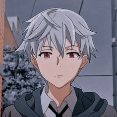 an anime character standing in front of a building with white hair and gray eyes, wearing a black jacket