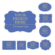 a set of blue labels with gold foil on the top and bottom, in different shapes