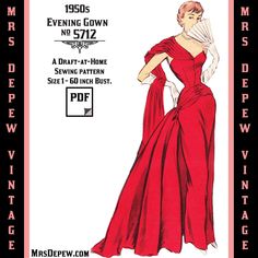 a drawing of a woman in a red evening gown, with the words sewing pattern