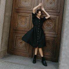 PRODUCED in 3-5 days FAST & FREE shipping with DHL Express Courier This dress exudes minimalist elegance with a touch of effortless cool. Crafted from a flowy black fabric, it features a loose, oversized silhouette that's both comfortable and stylish. The front is adorned with a row of simple, yet striking buttons, adding a touch of subtle detailing to the understated design. The wide elbow-length sleeves and relaxed fit offer a modern, laid-back vibe, perfect for casual or chic streetwear looks Looks Streetwear, Chic Streetwear, Cropped Sleeves, Oversized Silhouette, Elbow Length Sleeve, Adjustable Belt, Linen Dress, Natural Fabrics, Dress Clothes For Women