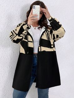 Plus Size Women Geometric Print Long Sleeve Zip-Up Hooded Casual Jacket, Autumn/Winter Multicolor Casual  Long Sleeve Fabric Colorblock,Plaid,Striped Other Slight Stretch  Women Plus Clothing, size features are:Bust: ,Length: ,Sleeve Length: Hooded Beige Outerwear With Patchwork, Beige Hooded Outerwear With Patchwork, Winter Color Block Hooded Jacket With Long Sleeves, Hooded Outerwear With Contrast Color For Spring, Hooded Color Block Outerwear For Fall, Multicolor Outerwear For Winter, Multicolor Winter Outerwear With Contrast Colors, Multicolor Contrast Winter Outerwear, Multicolor Winter Outerwear