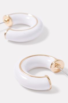 These EVEREVE hoops will add a chic touch to any day-to-night look, featuring white enamel coating and 14k gold plated detailing. | EVEREVE Women's Jillian Enamel Hoop Earrings, White White Enamel Small Hoop Earrings, Modern White Metal Hoop Earrings, Everyday White Metal Hoop Earrings, White Enamel Hoop Earrings For Gifts, Chic Small White Hoop Earrings, Trendy Small Hoop White Jewelry, White Metal Hoop Earrings, Modern Small Hoop White Earrings, Trendy White Enamel Earrings