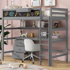 a gray loft bed with desk and drawers