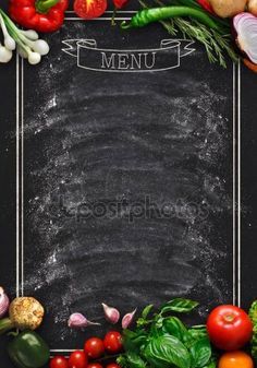 an overhead view of fresh vegetables on a chalkboard with the words menu written below