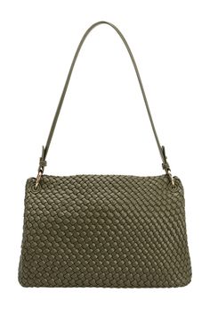 With impeccable craftsmanship, the Natalia is a sustainable and practical choice for any fashion-forward individual. This shoulder bag is woven by hand and requires skilled artisans who practice techniques typically used in fine leather goods. Recycled Vegan Leather 16"W x 9"H x 4.5"D Strap Length: 11.5" Strap Drop: 26" Magnetic Snap Closure Gold-Tone Hardware Interior Slip Pocket OEKOT-TEX Certified Lining Fits up to a standard-size tablet Everyday Green Shoulder Bag With Intrecciato Weave, Artisan Handwoven Green Shoulder Bag, Eco-friendly Natural Handwoven Shoulder Bag, Eco-friendly Green Handwoven Shoulder Bag, Eco-friendly Brown Woven Leather Shoulder Bag, Sunglasses Necklace, Melie Bianco, The Body Book, Mink Pink