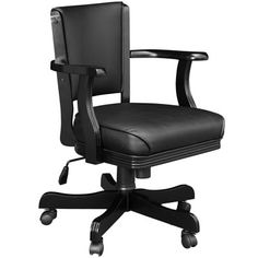 a black office chair with wheels and armrests on an isolated white background,