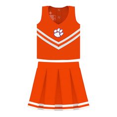 an orange cheerleader uniform with a paw print on the front and side, is shown