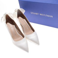 Stuart Weitzman White Luxury Low Heel Kitten Heels For Wedding, White Elegant Kitten Heels With Reinforced Heel, Luxury Padded Heel Court Shoes For Wedding, Luxury Wedding Court Shoes With Padded Heel, Satin Color, Stuart Weitzman Shoes, Luxury Clothing, White Satin, Shoes And Accessories