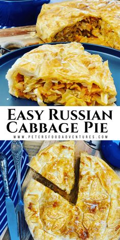 an easy russian cabbage pie on a blue plate