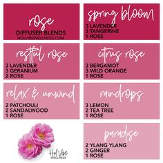 Fruit Essential Oil Blends, Rose Oil Blends, Rose Geranium Essential Oil Blends, Ylang Ylang Essential Oil Blends, White Tea Diffuser Blend, Cherry Blossom Essential Oil Blend, Rose Diffuser Blends, Geranium Essential Oil Blends, Patchouli Essential Oil Blends