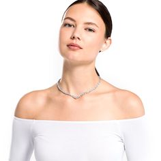 Pure and refined, this all-around necklace by Swarovski is characterized by timeless elegance. Numerous gleaming white stones adorn it, artfully faceted in round and drop shapes as well as oval, square, and trillion shapes. Closing with a fold over clasp and full of brilliance, this necklace is easy to combine with matching pieces of jewelry. Perfect to dress up your style, it will certainly not go unnoticed. A thoughtful gift for a special someone. - Swarovski's enduring quest for innovation, b V Necklace, White Stones, Crystal Hoop Earrings, Round Necklace, Tennis Necklace, Swarovski Jewelry, White Crystal, Crystal Jewelry, Stones And Crystals