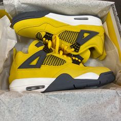 Air Jordan 4 Retro Yellow Custom Sneakers With Cushioned Footbed For Streetwear, Yellow Lace-up Basketball Shoes With Air Max Cushioning, Yellow Basketball Shoes With Contrast Sole, Yellow Basketball Shoes With Air Max Cushioning For Streetwear, Yellow Custom Sneakers With Air Cushioning, Yellow Custom Sneakers With Air Max Cushioning, Yellow Custom Sneakers With Air Max Cushioning For Streetwear, Yellow Custom Sneakers With Air Cushioning And Round Toe, Yellow Cushioned Basketball Shoes For Streetwear