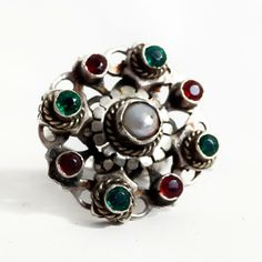 Beautiful Antique Fresh Water Pearl, Ruby & Emerald Silver Ottoman Ring. Size 8. Highly Intricate With Awesome Silver Work And Filigree. Face Measures Approximately 1", And Ring Is Raised About. 25" Above The Band. Stones Are Authentic; Faceted And Really Shine! No Hallmark That I Can Find. Tests Positive For 950 Silver. In Very Good Antique Condition With Minimal Signs Of Wear. Elegant Silver Rings For Festive Occasions, Traditional White Rings For Festive Occasions, Traditional White Festive Rings, Traditional Silver Gemstone Rings, Traditional Silver Rings With Gemstone, Handmade Silver Rings For Festive Occasions, Festive Silver Toe Ring, Victorian Sterling Silver Ruby Ring For Gift, Ornate Silver Ruby Ring Hallmarked