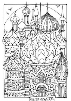 an intricate coloring page with lots of different shapes and sizes, including the top part of a building