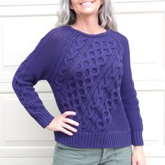 Brand New With Tag, Originally $98. From Spring 2020's "Re-Imagined" Line From J. Crew. 63/37 Cotton/Polyamide. Purpley Blue Color. Tagged As L, Measures 21" Ptp, And It's 24.5" Long. (J11) Long Sleeve Purple Sweater For Work, Purple Long Sleeve Sweater For Work, Casual Purple Cable Knit Sweater, Purple Cable Knit Top For Fall, Blue Pointelle Knit Crew Neck Sweater, Blue Pointelle Knit Top For Fall, Purple Textured Knit Sweater For Fall, Casual Purple Cable Knit Cardigan, Purple Relaxed Fit Sweater For Fall