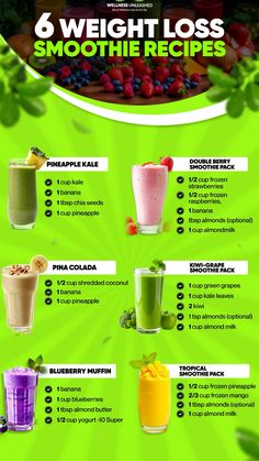 a green menu with six different smoothie drinks