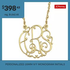 Elegantly sculpted in an ivy font, your initials form this pretty monogram necklace. Must be three initials. Made in America.Pendant Size: 20mm longPersonalize: 3 script letters. Initials will appear exactly as entered; center initial will be enlarged.Features: Monogrammable, Personalized, InitialsMetal Color: YellowChain Length: 18 InchChain Width: .85 MillimetersChain Construction: RopeMetal: 10k GoldNecklace Type: Pendant NecklacesAssembled in the US from Imported Materials Pretty Monograms, Script Letters, Initial Pendant Necklace, Script Lettering, Monogram Necklace, Initial Pendant, Monogram Initials, Made In America, In America