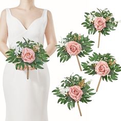 three brides bouquets with pink roses and greenery on the stems in front of them