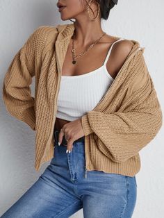 Zip Up Hooded Cardigan
 #BohoChic #NewArrivals #pomonaandpeach #fashion #fresh #boho #popular Cozy Long Sleeve Cardigan With Zipper Closure, Cozy Long Sleeve Cardigan With Zipper, Cardigan Crop, Hooded Cardigan, Knit Crop Top, Lantern Sleeves, Women Tops, Knitwear Women, Cardigans For Women