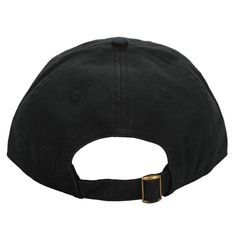 a black baseball cap with a gold buckle on the front and side panel, facing forward