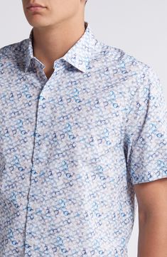 Featuring a watercolor-style microprint, this summery shirt is cut from pure cotton to keep you cool. 29" length, 42" chest (size medium) Front button closure Spread collar Short sleeves 100% cotton Machine wash, line dry Made in Turkey Casual Shirt With Abstract Print And Spread Collar, Blue Cotton Shirt With Abstract Print, Blue Shirt With All Over Print For Spring, Blue Watercolor Print Tops For Summer, Light Blue Cotton Shirt With Floral Print, Fitted Shirt With Abstract Print For Summer, Blue Casual Top With Watercolor Print, Casual Blue Watercolor Print Top, Blue Casual Watercolor Print Top