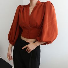 Poofy Sleeve Shirt, Poofy Sleeves, Street Style Shoes, Puff Sleeve Crop Top, Burnt Sienna, Cropped Shirt, Latest Street Fashion, Knee High Leather Boots, Crop Shirt