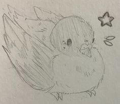 a pencil drawing of a bird with a star on its head and wings above it