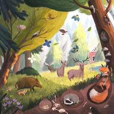 a painting of many animals in the woods