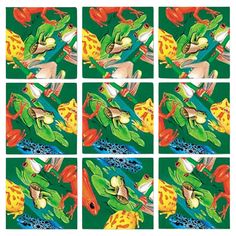 four different pictures of frogs on green and yellow squares with red, white, and blue dots