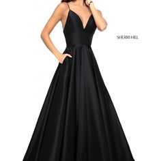 This Sherri Hill 51822 Black Long Party Dress Features An A-Line Silhouette, With Spaghetti Straps Supporting The Deep V-Neckline And The Low Square Back. The Set-In Midriff Leads The Pleated Ballgown Skirt, Finished With In-Seam Pockets And Court Train. Teal Prom Dresses, Sherri Hill Homecoming Dresses, Black Ball Gown, Long Party Dress, Formal Ball Gown, Sequin Formal Dress, Sherri Hill Prom Dresses, Prom Dress Styles, Ball Gown Skirt