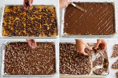 four pictures showing how to make chocolate fudge bars with pecans and nuts on top