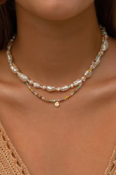 14k gold filled and mix of freshwater pearls necklace. Colorful Necklace Stack, White Single Strand Pearl Necklace With 14k Gold Filled, Handmade White Pearl Necklace In 14k Gold-filled, White Pearl Chain Necklace In 14k Gold, White Single Strand Pearl Necklace In 14k Gold, Pearl Necklace Diy, Pearl Beads Necklace, Mixed Beads Necklace, Pearl Bead Necklace