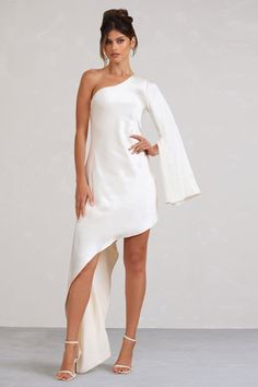 Hanna Cream Asymmetric Draped Satin Mini Dress – Club L London - USA Dark Dress, Casual Day Dresses, Chiffon Mini Dress, Asymmetric Neckline, Sequin Maxi Dress, Dresses Xxl, Satin Maxi, Ruffle Mini Dress, Satin Maxi Dress