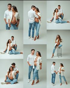 a man and woman are sitting on the floor with their arms around each other as they pose for pictures