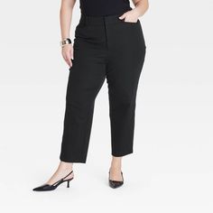 Women's High-Rise Straight Leg Trousers - Ava & Viv™ Black 18 Spring Relaxed Fit Straight Pants, Spring Relaxed Fit Mid-rise Dress Pants, Casual Office Bottoms With Straight Hem, Spring Straight Leg Non-stretch Work Pants, Mid-rise Straight Fit Bottoms For Business Casual, Mid-rise Cotton Dress Pants For Work, Office Cotton Bottoms With Straight Hem, Straight Bottoms For Office Wear In Fall, Mid-rise Relaxed Fit Dress Pants For Work