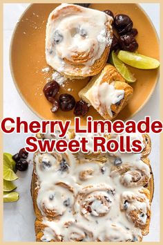 the cover of cherry limeade sweet rolls with icing on top and an orange plate next to it