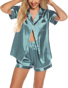 PRICES MAY VARY. Materials: Soft satin silky fabric, this pajama set is breathable and lightweight comfy for a relaxing day or night. Design：Top with classic notch collar, piping trim, chest pocket, and center front closure with (5) buttons. Short has comfy elastic waistband and adjustable drawstring.Elastic waist that fits for any body size and makes relaxing as comfort as possible Occasion:Women's Short Sleeve Silk Satin Pajamas Set, which is soft and suitable for lounging and pajama party,bri Bride Pajama, Satin Pajamas Set, Silk Pjs, Summer Sleepwear, Satin Pj Set, Pyjama Satin, Pyjamas Womens, Silk Pajama, Summer Pajamas