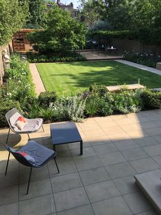 a backyard with lawn and seating area