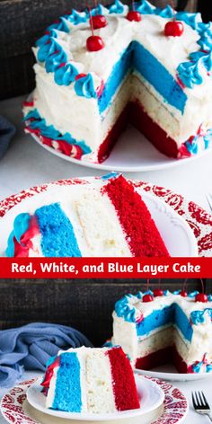 red, white and blue layer cake with cherries on the top is cut in half