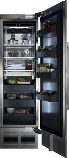 an open stainless steel refrigerator with its door wide open and shelves full of food items