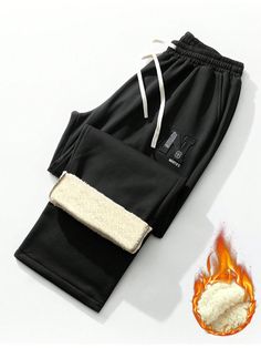 Plus Size Men's Casual Fleece Lined Warm Pants, Autumn/Winter, Plus Size Black Casual   Knitted Fabric Colorblock,Letter,Striped Straight Leg Medium Stretch Winter Men Plus Size Clothing, size features are:Bust: ,Length: ,Sleeve Length: Winter Plus Size, Sports Sweatpants, Warm Pants, Casual Sweatpants, Men Plus Size, Sports Trousers, Fleece Sweatpants, Plus Size Black, Plus Size Pants