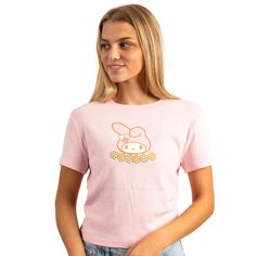 Step into the adorable world of My Melody with this women's pink crew neck short sleeve crop baby tee. Featuring a custom design of My Melody above a delightful row of flowers, this cropped-length shirt is a cute addition to your wardrobe. Made with 100% cotton, it offers a comfortable and breathable fit. Machine wash it on cold with like colors and tumble dry on low heat for easy care. Officially licensed and crafted with high-quality materials, this t-shirt captures the essence of My Melody's Basic Pink Cropped T-shirt With Short Sleeves, Fitted Pink Cropped T-shirt With Graphic Print, Spring Pink T-shirt With Hello Kitty Print, Pink Casual Crop Top T-shirt, Trendy Pink Cropped T-shirt With Letter Print, Casual Pink Cropped T-shirt With Letter Print, Fitted Pink Cropped T-shirt With Short Sleeves, Pink Hello Kitty Print T-shirt For Spring, Pink Fitted Cropped T-shirt With Graphic Print