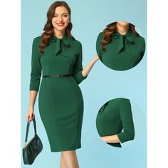 The dress is simple but elegant and classy, the length of dress is enough, not too short or too long that suit for spring and summer. Pair with heels can build a business casual look, and you can add a trench coat at cool season such as fall and spring. Tie Neck, Women's Dresses, Sheath Dress, Summer Casual, Business Casual, Neck Tie, Dark Green, Casual Looks, Trench Coat