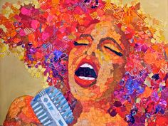 a painting of a woman holding a microphone and singing into it's mouth with colorful paper collages all over her face