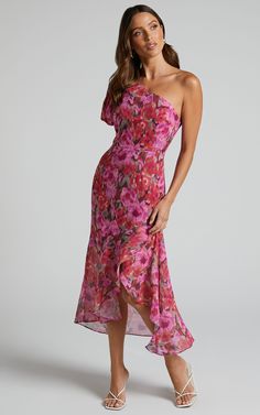 Clabelle Midaxi Dress - One Shoulder Ruffle Tulip Hem Dress in Violette Blur Floral | Showpo USA Floral Dress Wedding Guest, Dress Code Wedding, One Shoulder Cocktail Dress, Guest Attire, Wedding Attire Guest, Cocktail Attire, Guest Outfit, Hem Dress, Wedding Attire