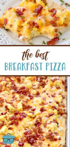 image shows an overhead shot of a piece of breakfast pizza with a bite taken out, title in middle and lower image is an overheard shot of breakfast pizza full pan. Breakfast Pizza Recipe, Huge Family, Family Breakfast, The Best Breakfast, Homemade Breakfast, Breakfast Pizza, Breakfast Meal Prep