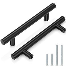 two black cabinet handles with screws and nails on white background, 3d rendering illustration