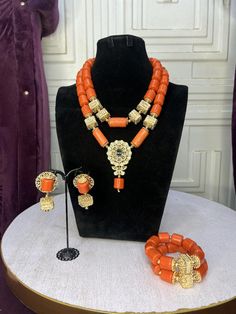 Handmade  Beads Necklace Set, African-Nigerian- Comes with Bracelet and Earrings.  Perfect For Weddings, Traditional Engagement and Introduction Ceremonies African Wedding Jewelry, Nigerian Beads, Traditional Engagement, Wedding Jewelery, Beef Empanadas, Golden Necklace, Handmade Beaded Necklaces, Bead Set, African Beads