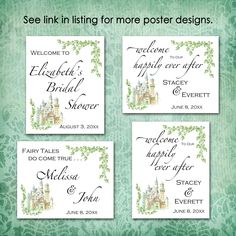 four wedding cards with the words, welcome to each other and an image of a castle