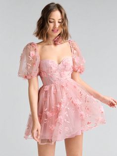 Romantic 3D Floral Embroidered Net Yarn Backless Short Dress Pink Party  Short Sleeve Knitted Fabric Colorblock,Floral,Plants,Butterfly,All Over Print A Line,Fit and Flare Non-Stretch  Women Clothing, size features are:Bust: ,Length: ,Sleeve Length: Butterfly Dresses For Women, Short Light Pink Dress, Pink Party Dress Short, Pink Puff Dress, Light Pink Short Dress, Annie Core, Pink Homecoming Dress Short, Pink Fairy Dress, Light Pink Dress Short